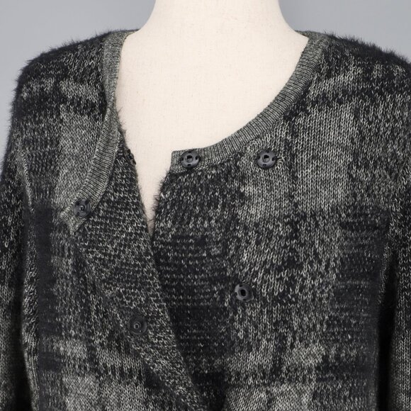 J.JILL Windowpane Long Fuzzy Knit Cardigan Sweater Black Gray Size L - Picture 5 of 8